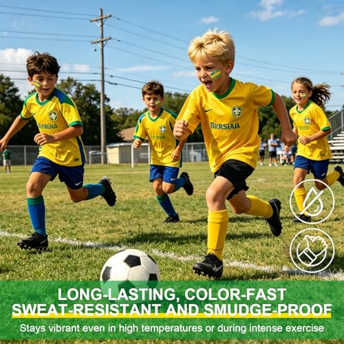 Green Yellow and Green Brazil Face Paint Stick for World Cup Fans, Sweatproof & High Pigment Sports Face Body Paint Sticks for Football, Rugby, Softball, Baseball, Lacrosse, Party Accessories