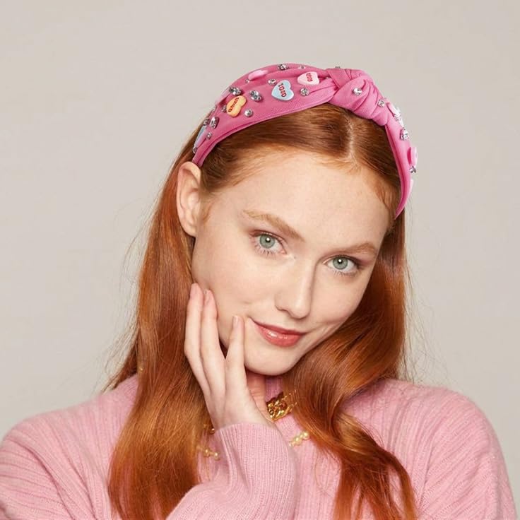 Pink Heart Valentine Headband for Women with Crystal Rhinestones - Love Knot Hair Accessory