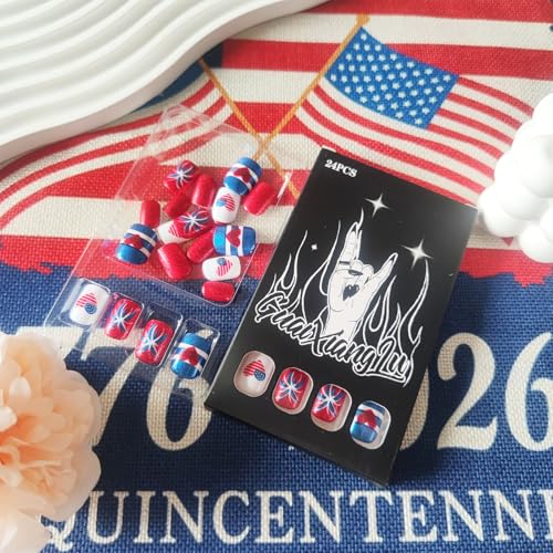 HZJXRT 4th of July American Flag Fake Nails - Short Red Glitter Press-On Manicure, 24pcs