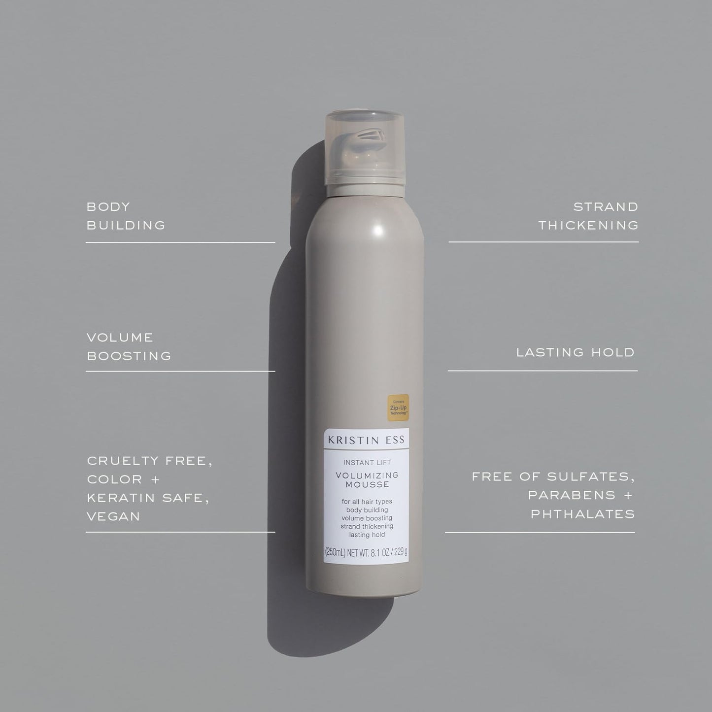 Kristin Ess Hair Instant Lift Volumizing Mousse with Castor Oil - Boosts Volume + Thickens, Body Building, Lasting Hold, Non Sticky, For Curly, Wavy + Straight Hair, 8.1 Oz