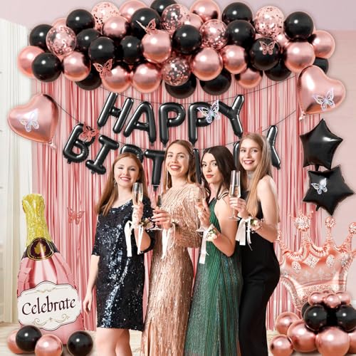 Rose Gold & Black Birthday Party Decorations Set - 60-Piece Kit