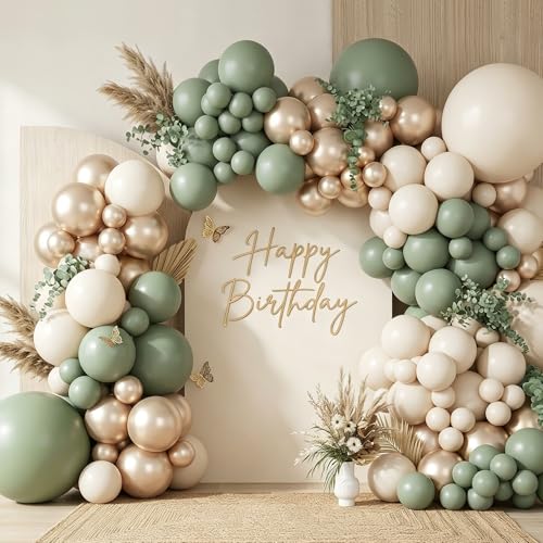 122Pcs Sage Green Cream Gold Balloon Arch Kit for Party Decor