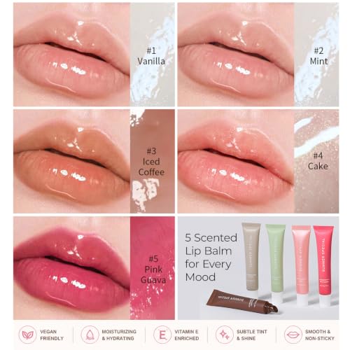 5PCS Lip Butter Balm Set - Hydrating, Nourishing Lip Gloss with Shea & Olive Oil