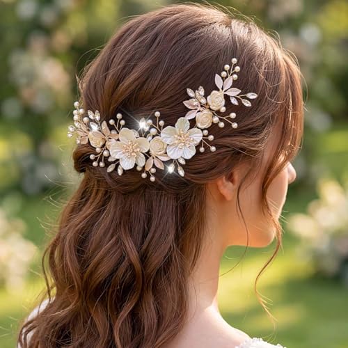 Campsis Bridal Hair Accessories Set - Flower Headband & Hair Vine with Shell Flowers