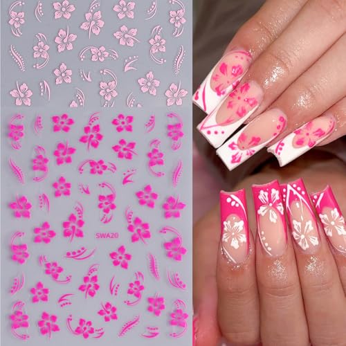 12PCS Hibiscus Flower Nail Stickers - 3D Self-Adhesive Nail Art Decals