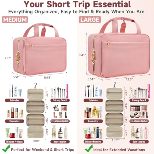 Voyree Hanging Travel Toiletry Bag for Women - Large Makeup Organizer with Clear Pockets (Pink, Medium)