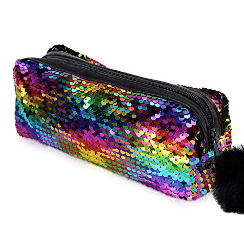 Rainbow Sequin Pencil Case & Makeup Bag for Girls, Large Capacity Organizer