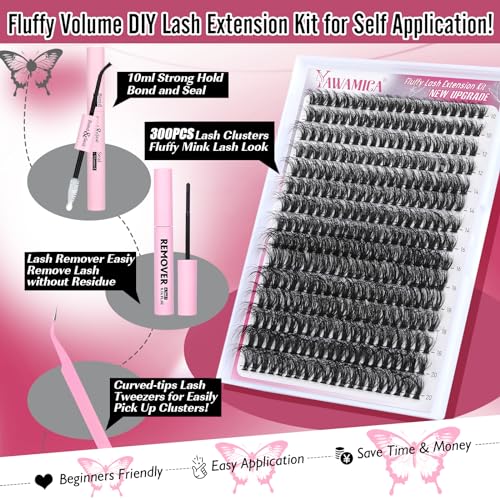 Yawamica Fluffy Mink Lash Extension Kit 300pcs DIY 10-20mm Volume Lashes with Bond & Remover