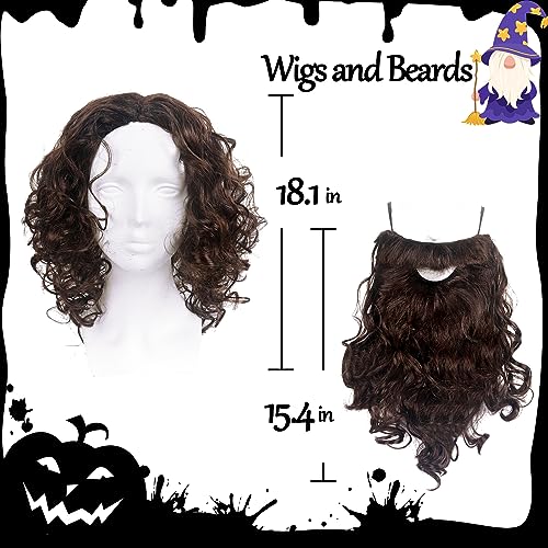 JEGERMIG Brown Long Curly Wig and Beard Set - Halloween Costume & Cosplay Variant 1