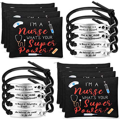 16-Piece Nurse Appreciation Gift Set: 8 Canvas Cosmetic Bags & 8 Bracelets