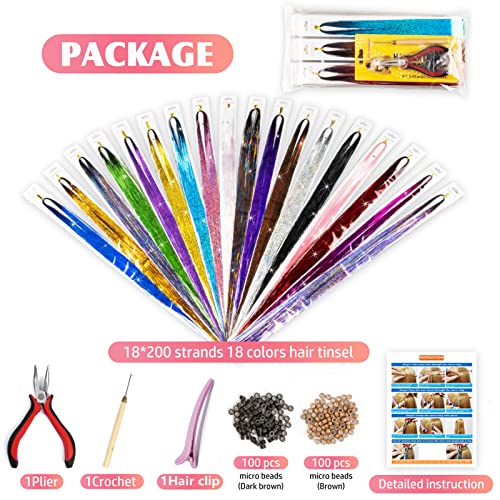 ONROCL Hair Tinsel Kit - 18 Colors, 3600 Strands with Tools & Beads