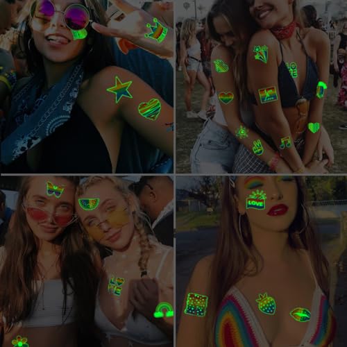 CHARLENT Glow in The Dark Rainbow Temporary Tattoos - Waterproof & Easy to Remove, 74 Styles for Pride & Parties