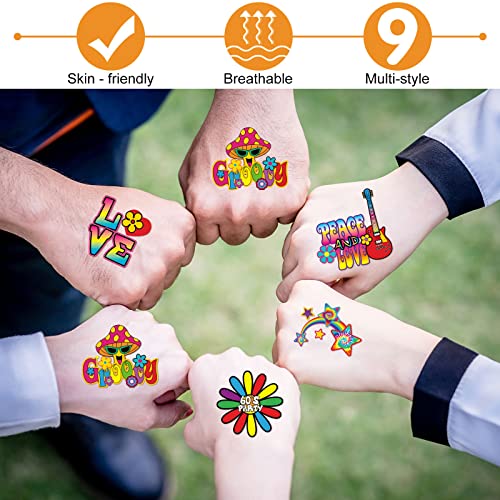 Chinco 144 Pcs Hippie Temporary Tattoo Stickers for 70s 80s 90s Party Favors