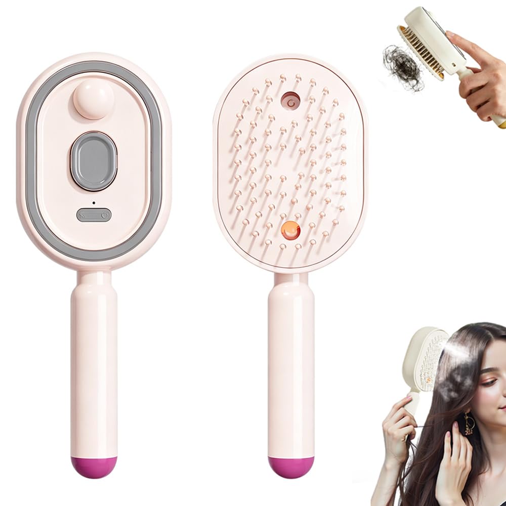 Electric Spray Air Cushion Massage Comb, Self-Cleaning Spray & Massage Hair Brush, Electric Mist Spray Anti-Tangle Anti-Static for Curly Straight & Frizzy Hair (Pink)