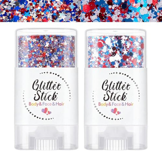 4th of July Body Glitter Stick for Face, Body & Hair - Red White & Blue Chunky Glitter with Star Sequins, 2 Pack Patriotic Makeup for Watch Party, Festival, Rave, Concert & Stadium for Women 2 Pack
