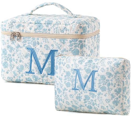 Personalized HBselect Blueflower Makeup Bag Set - 2Pcs Quilted Cosmetic Organizer