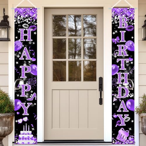 Purple Happy Birthday Banner Set - Glittery Porch Signs for Parties