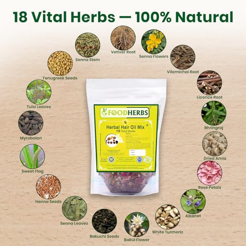 Foodherbs Herbal Hair Oil Mix 3.52oz with 18 Ayurvedic Herbs for Natural Growth & Strong Roots