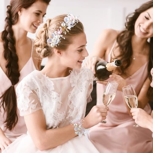 LAPOHI Bridal Flower Crown and Wrist Corsage Set with Pearl and Rhinestones