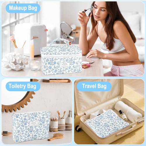 URSKYTOUS 3-Piece Quilted Cosmetic Bag Set - White Blue Travel Makeup Pouch