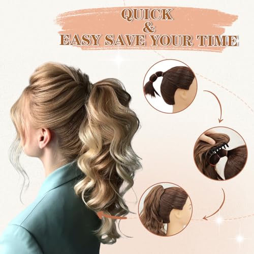 MORICA 24 Inch Curly Ponytail Extension with Claw Clip, Chestnut Brown Mix Blonde Highlights