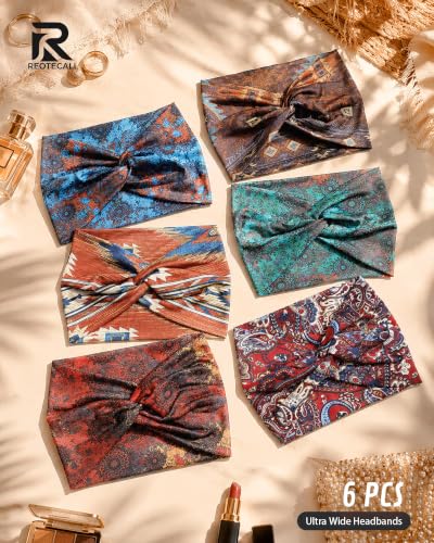 REOTECALL Extra Wide Green Headbands for Women - 6 Pack Non-Slip Boho Bandana