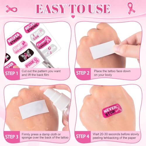 Tisancy 8" Large Pink Cheer Hair Bows & 15 Breast Cancer Tattoos