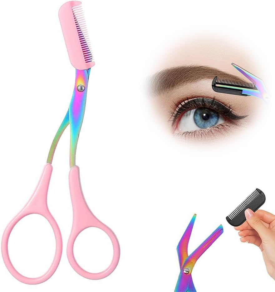 Professional Eyebrow Trimmer Scissors - 2-in-1 Stainless Steel Cutter & Comb Tool for Men & Women | Pink