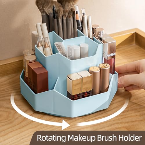 360° Rotating Blue Makeup Brush Holder Organizer - 9 Slots