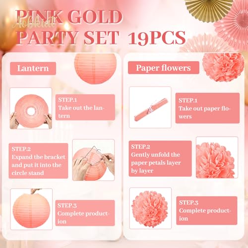 AOBKIAT Pink Gold Birthday Decorations Kit - 19PCS Party Set
