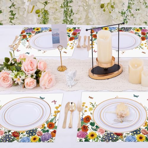 50 Pack Wildflower Disposable Placemats - 16x11 Inch Floral for Weddings & Parties