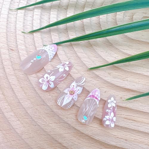 24 Pcs Pink Flower Press-On Nails with Pearl Rhinestones