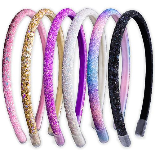 Glitter Headbands for Girls - 6 Pack in Pink, Purple, Gold, Rainbow