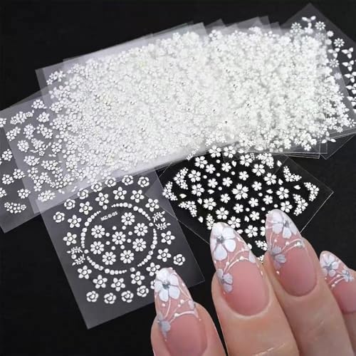 White Flower Nail Art Stickers - 30 Sheets Self-Adhesive 3D Flower Decals for Nails & Crafts