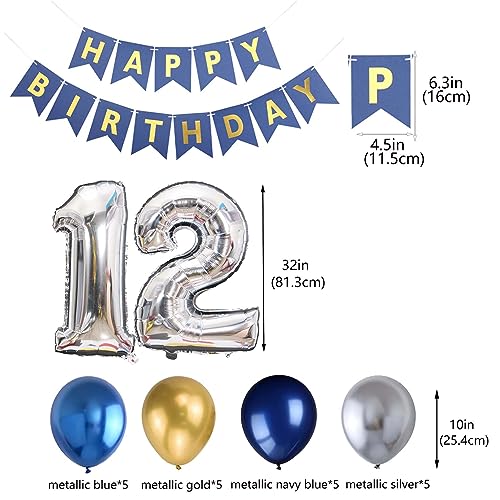12th Birthday Party Supplies Kit - Blue & Metallic Balloons