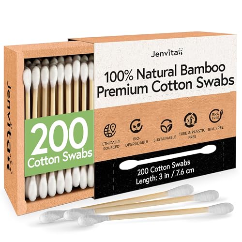 Jenvita 100% Bamboo Cotton Ear Swabs - 200 Pack, Biodegradable