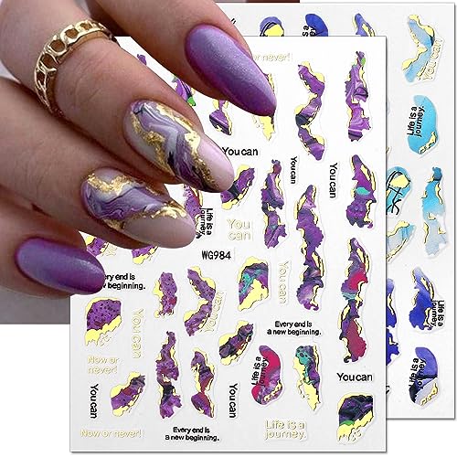 Jaliya Gold 3D Marble Nail Stickers - Blooming Watercolor Decals, Self-Adhesive, Water & Smudge Resistant