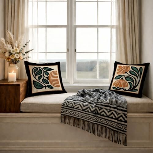 Retro Boho Floral Pillow Covers Set of 2 - 18x18 Inch