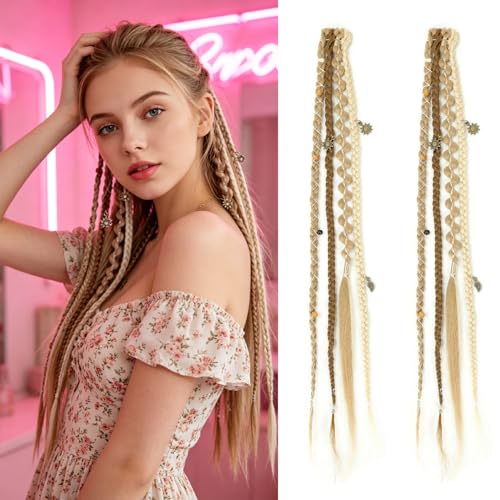 Oldsion 16 Inch Clip-In Braids Dreadlock Extensions with Beads & Chains, Medium Blonde with Pale Highlights, 2PCS