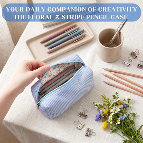 Blue Striped Makeup Bag with Floral Lining, Travel Cosmetic Organizer - Shinylin