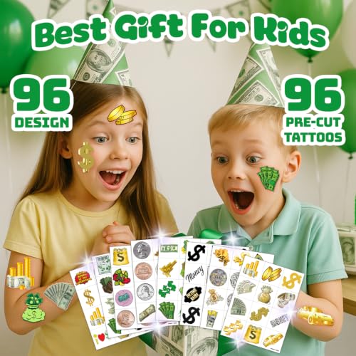 96 PCS Kids Fun Money Temporary Tattoos Set with Dollar Sign Stickers