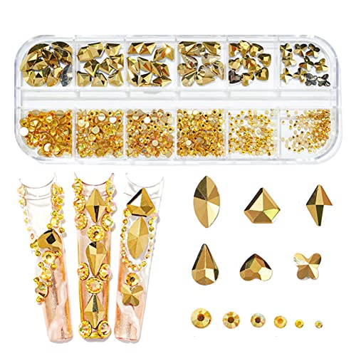 735 Gold AB Crystal Rhinestones for Nails - 735pc Nail Art Gems, AB Sparkle Box