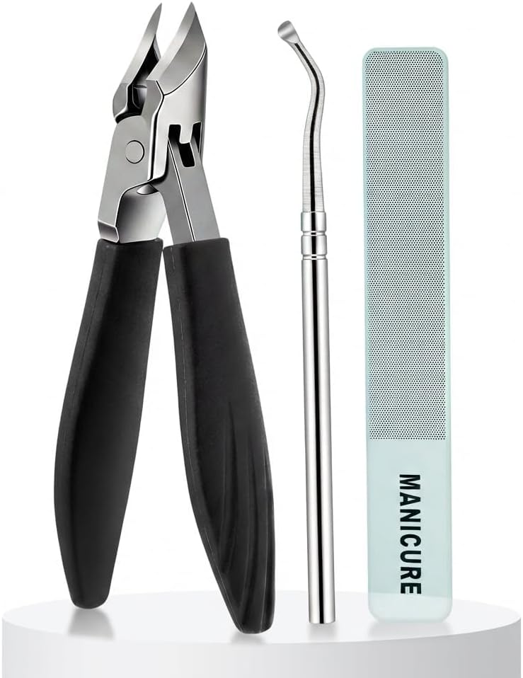 Nail Clippers Set for Seniors - Thick Toenail & Ingrown Nail Care | 30° Slanted Eagle-Beak Clipper, Stainless Steel, Long Handle, Green & Black