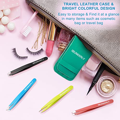 iBuneerly Eyebrow Tweezers Set - 4 Multi-Color Stainless Steel Tweezers with Travel Case