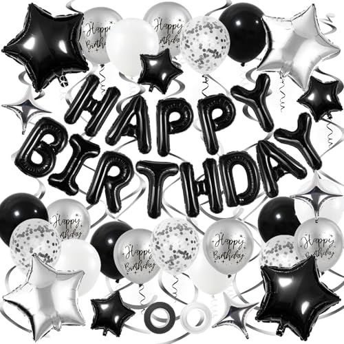 Black and Silver Birthday Decorations Set with Balloons & Banner