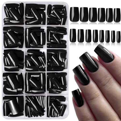 LoveOurHome Black Medium Square Press on Nails Kit with Glue Tabs - Full Cover Fake Nails