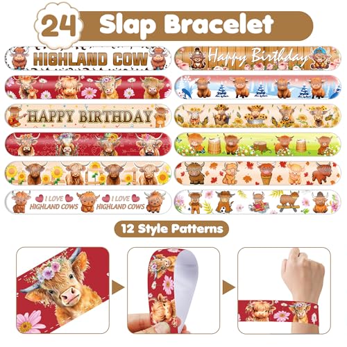 72PCS Highland Cow Party Favors with Tattoos & Slap Bracelets for Kids