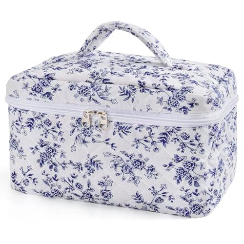 Blue Travel Quilted Makeup Bag with Bow - Cotton Cosmetic Organizer for Women & Girls
