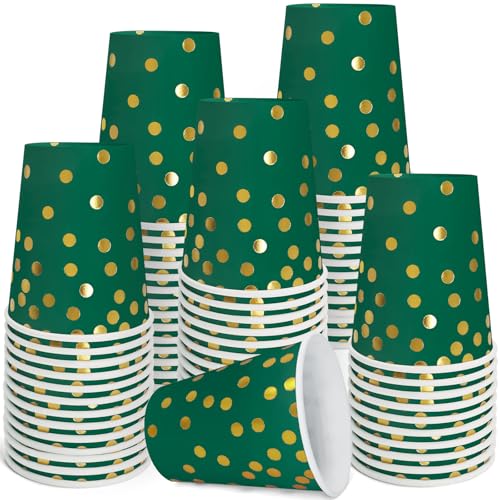 Dark Green and Gold Disposable Paper Cups - 9 oz, 50 Pcs