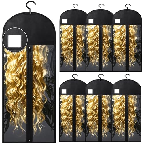 Black 31.5in 6-Pack Extra Long Wig Storage Bags with Hangers & Labels - Dust-Proof Organizer for Multiple Wigs & Extensions